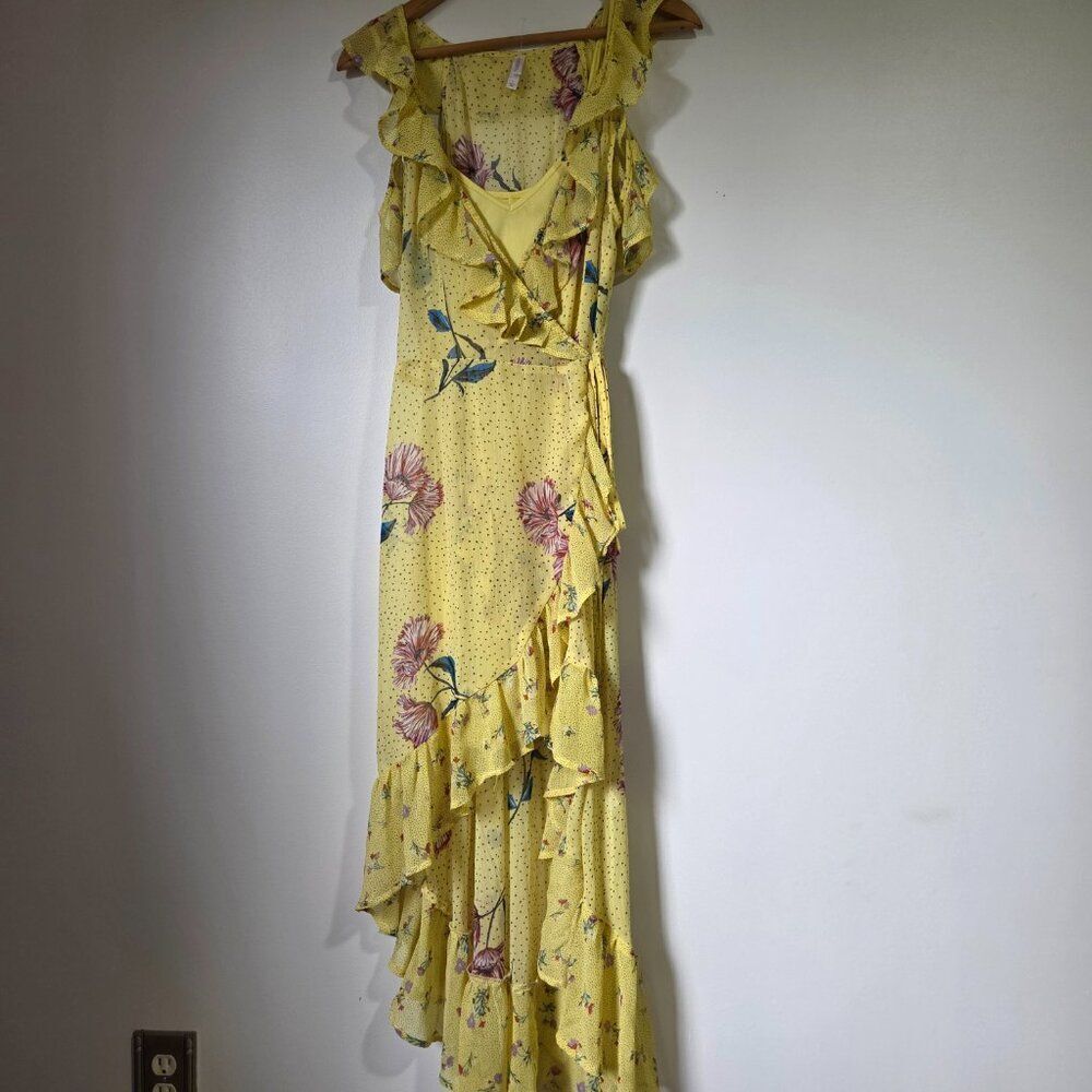 EUC XHILIRATION YELLOW DOTTED FLORAL RUFFLED TULIP STYLE MIDI DRESS SZ L